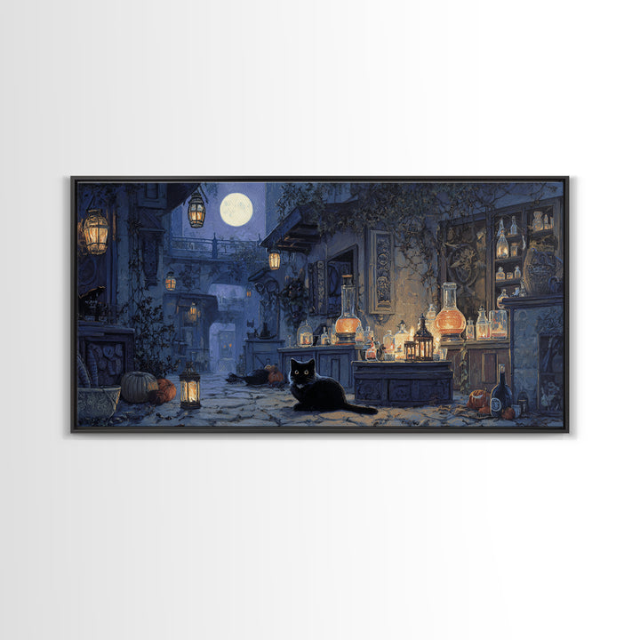 The Witch'S Cat Cafe, Wide Panoramic Art, Dark Fantasy Wall Art, Canvas Print, Halloween Wall Decor, Gothic Home Decor, Macabre Wall Art