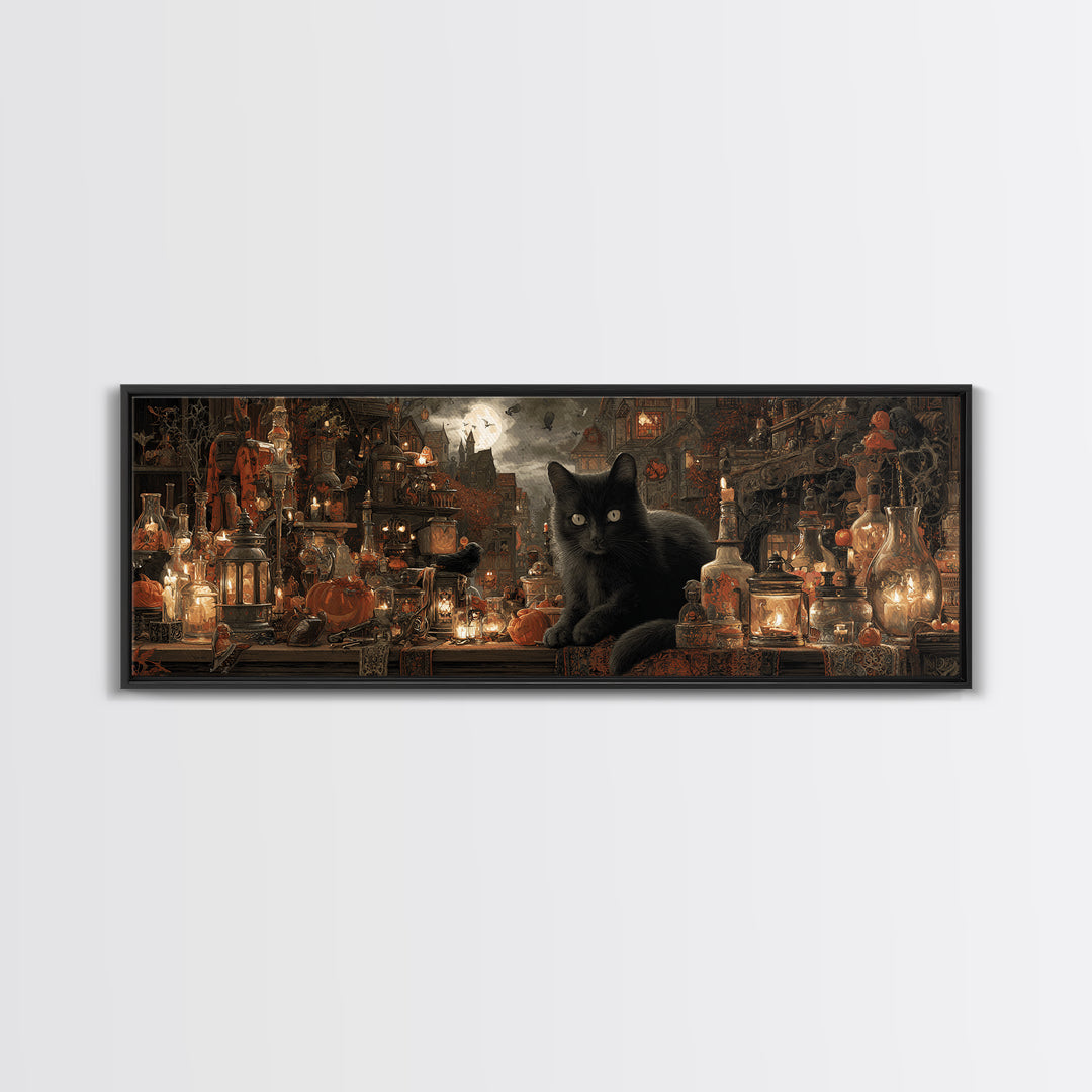 The Witch'S Cat Cafe, Extra Wide Wall Art, Dark Fantasy Wall Art, Canvas Print, Halloween Wall Decor, Gothic Home Decor, Dark Fantasy Art