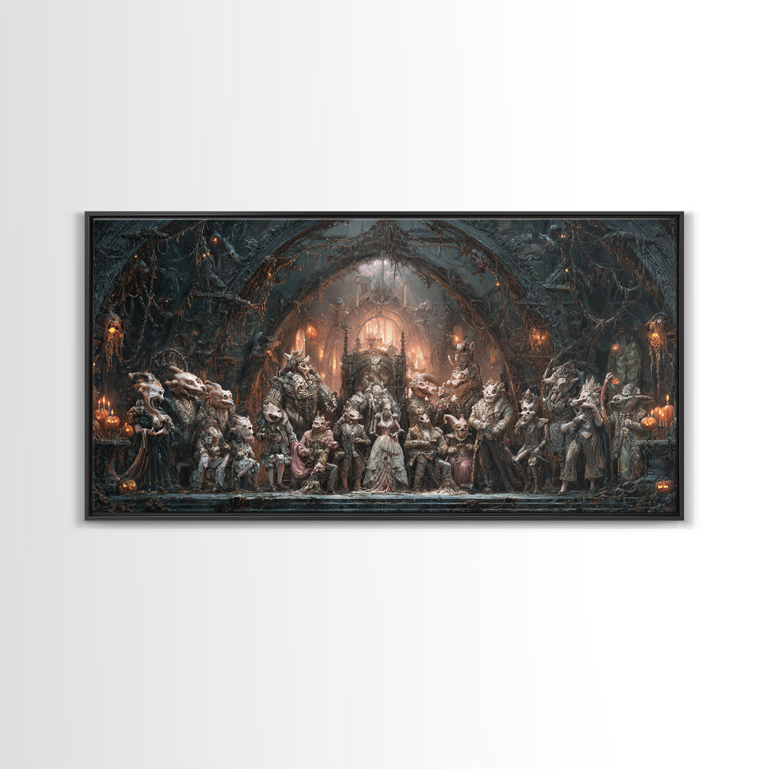 The Monster Family Portrait, Wide Panoramic Art, Haunted Gothic Art, Framed Canvas Print, Halloween Wall Decor, Gothic Home Decor