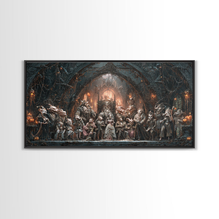 The Monster Family Portrait, Wide Panoramic Art, Haunted Gothic Art, Framed Canvas Print, Halloween Wall Decor, Gothic Home Decor