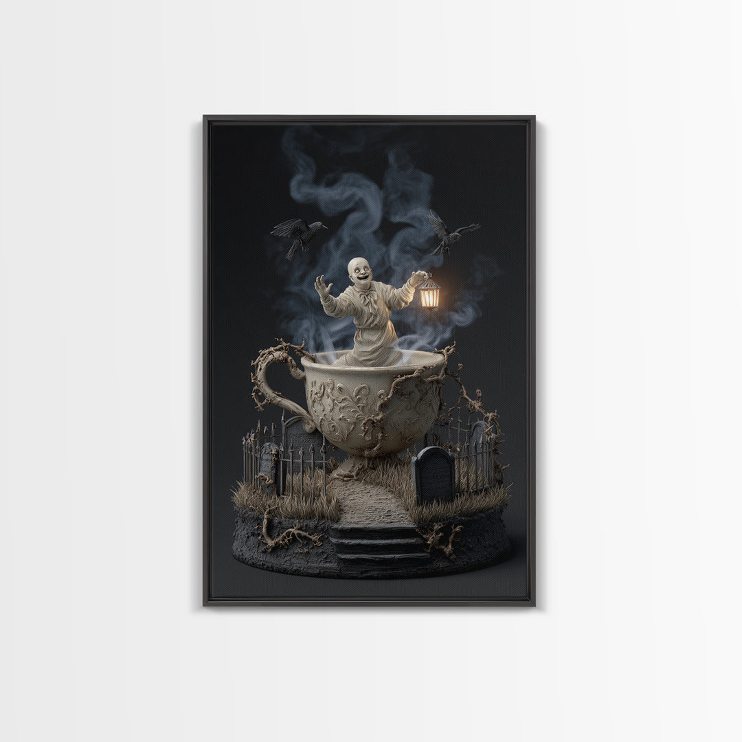 Tiny Ghosts In Teacups, Vertical Wall Art, Dark Fantasy Wall Art, Canvas Print, Halloween Wall Decor, Gothic Home Decor, Macabre Wall Art