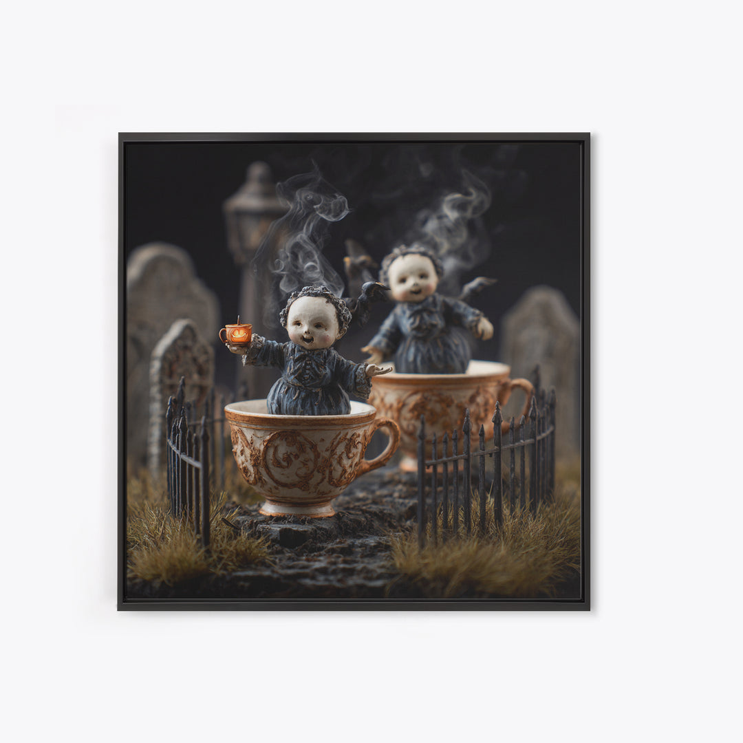 Tiny Ghosts In Teacups, Square Wall Art, Spooky Home Decor, Canvas Print, Halloween Wall Decor, Gothic Home Decor, Horror Wall Art