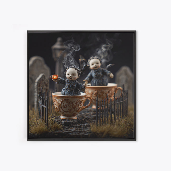 Tiny Ghosts In Teacups, Square Wall Art, Spooky Home Decor, Canvas Print, Halloween Wall Decor, Gothic Home Decor, Horror Wall Art