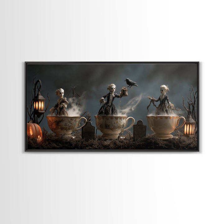 Tiny Ghosts In Teacups, Wide Panoramic Art, Haunted Gothic Art, Framed Canvas Print, Halloween Wall Decor, Gothic Home Decor
