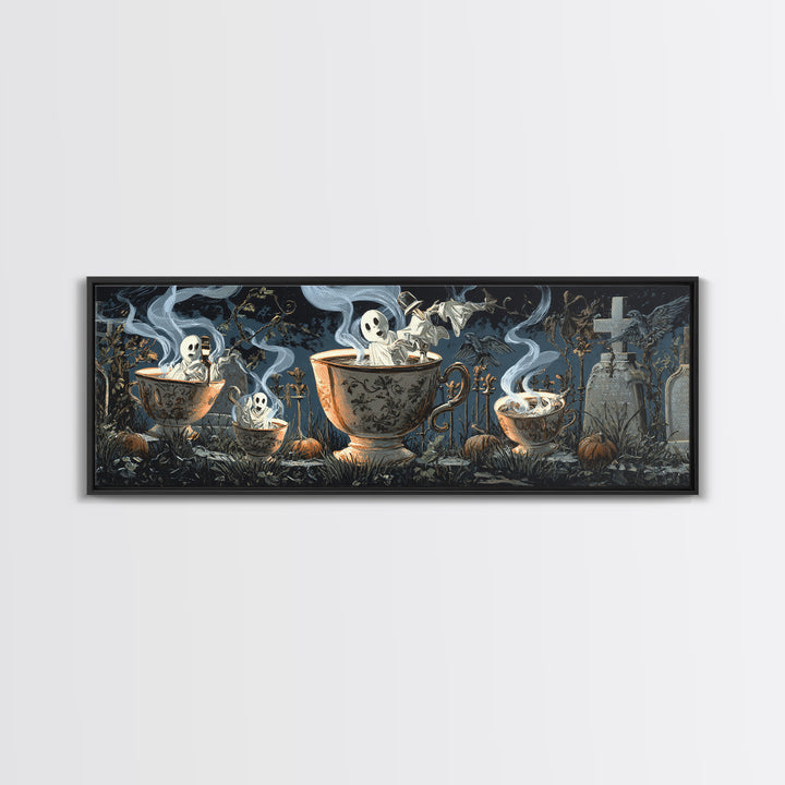 Tiny Ghosts In Teacups, Extra Wide Wall Art, Spooky Home Decor, Canvas Print, Halloween Wall Decor, Gothic Home Decor, Spooky Wall Decor
