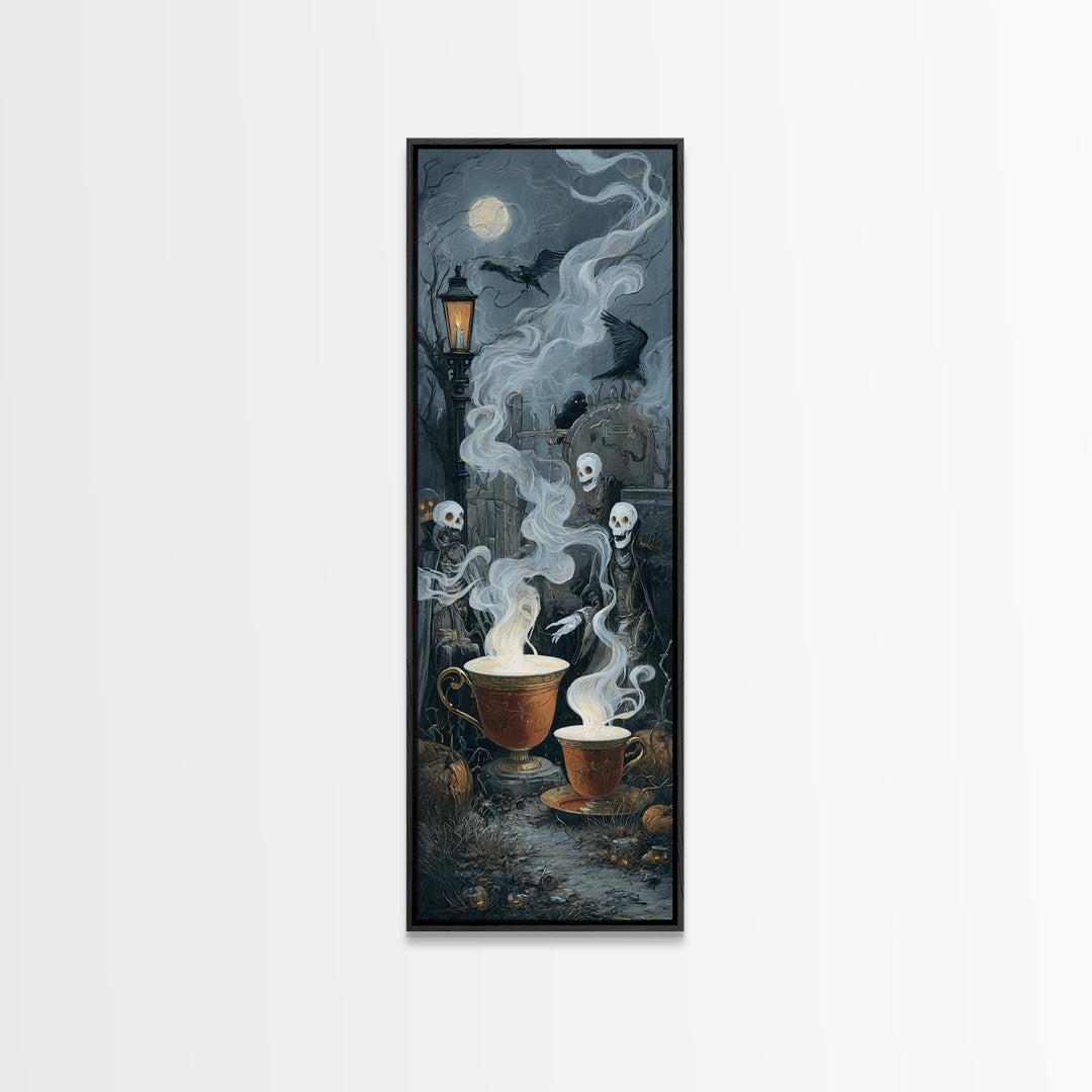 Tiny Ghosts In Teacups, Tall Narrow Wall Art, Macabre Wall Art, Framed Canvas Print, Halloween Wall Decor, Gothic Home Decor