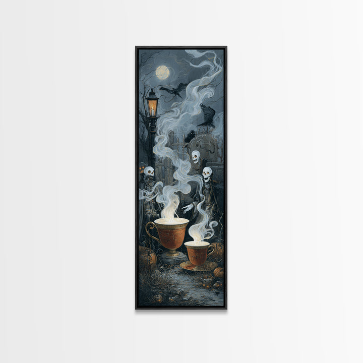 Tiny Ghosts In Teacups, Tall Narrow Wall Art, Macabre Wall Art, Framed Canvas Print, Halloween Wall Decor, Gothic Home Decor