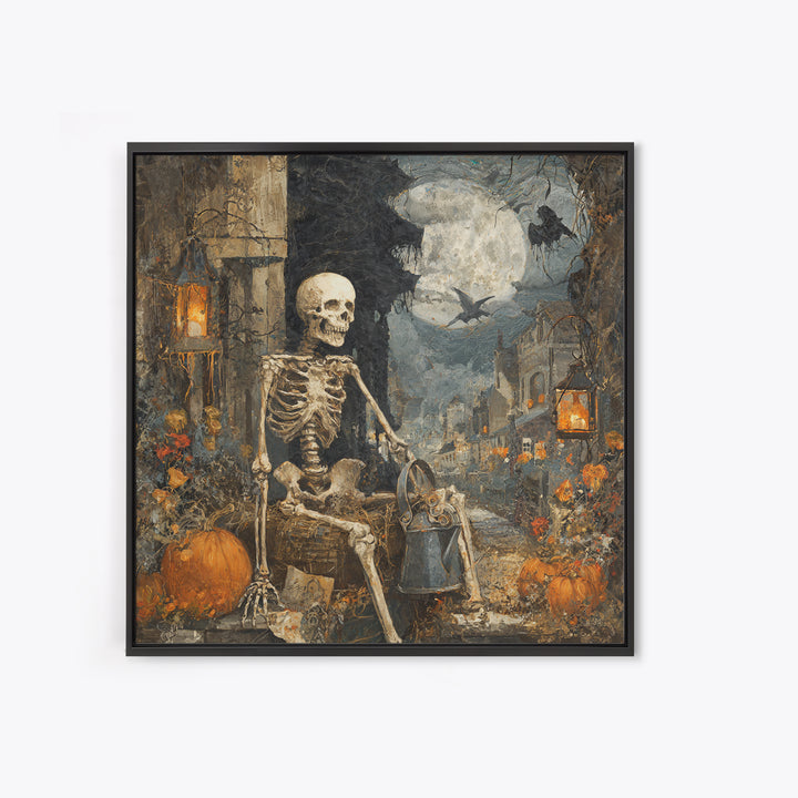 The Skeleton Gardeners, Square Wall Art, Macabre Wall Art, Framed Canvas Print, Halloween Wall Decor, Gothic Home Decor