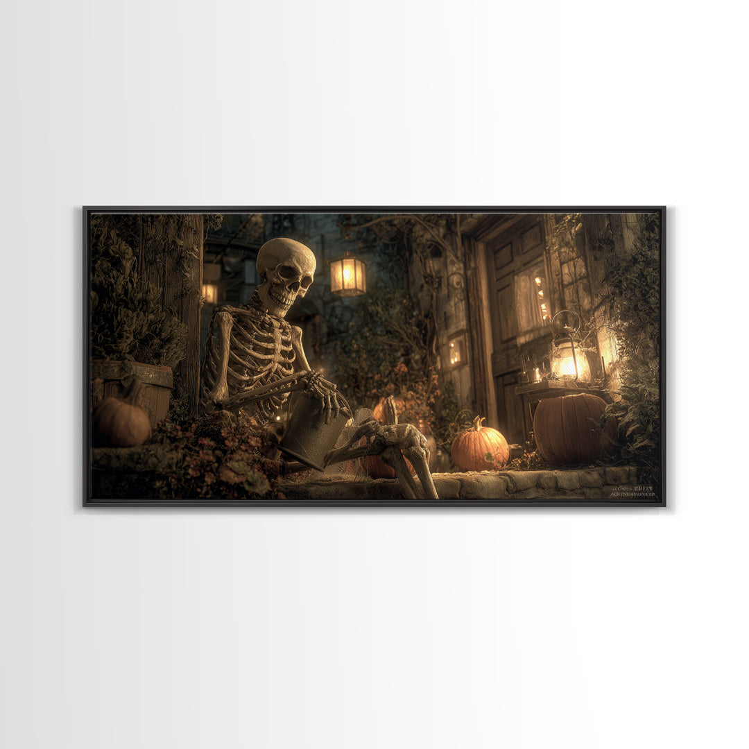 The Skeleton Gardeners, Wide Panoramic Art, Dark Fantasy Wall Art, Canvas Print, Halloween Wall Decor, Gothic Home Decor, Spooky Wall Decor