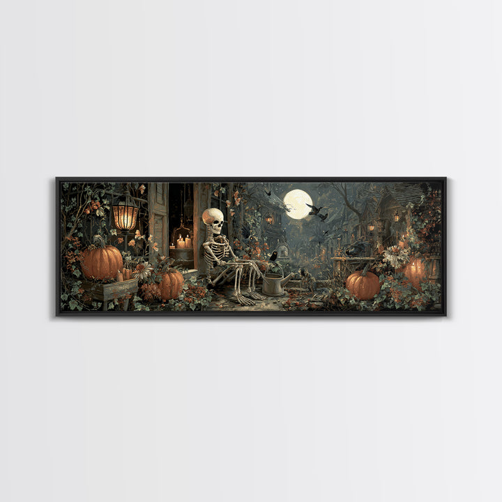 The Skeleton Gardeners, Extra Wide Wall Art, Gothic Horror Wall Art, Framed Canvas Print, Halloween Wall Decor, Gothic Home Decor