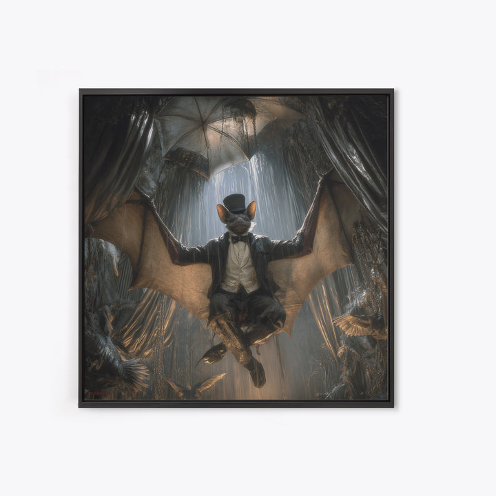 The Bat Umbrella Salesman, Square Wall Art, Gothic Horror Wall Art, Framed Canvas Print, Halloween Wall Decor, Gothic Home Decor