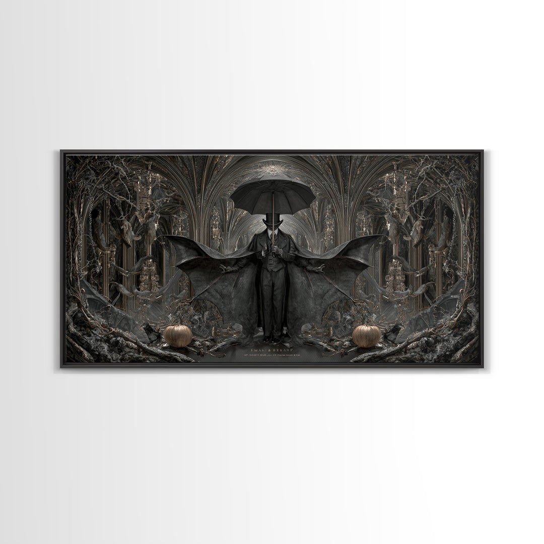 The Bat Umbrella Salesman, Wide Panoramic Art, Dark Fantasy Wall Art, Canvas Print, Halloween Wall Decor, Gothic Home Decor