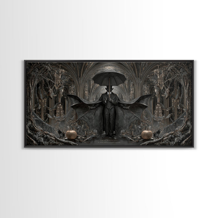 The Bat Umbrella Salesman, Wide Panoramic Art, Dark Fantasy Wall Art, Canvas Print, Halloween Wall Decor, Gothic Home Decor