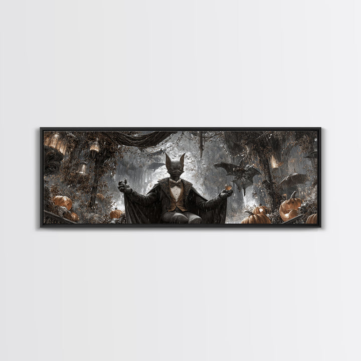 The Bat Umbrella Salesman, Extra Wide Wall Art, Macabre Wall Art, Framed Canvas Print, Halloween Wall Decor, Gothic Home Decor
