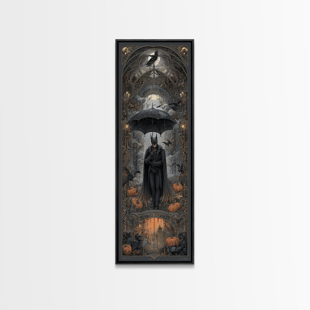 The Bat Umbrella Salesman, Tall Narrow Wall Art, Dark Halloween Decor, Canvas Print, Halloween Wall Decor, Gothic Home Decor