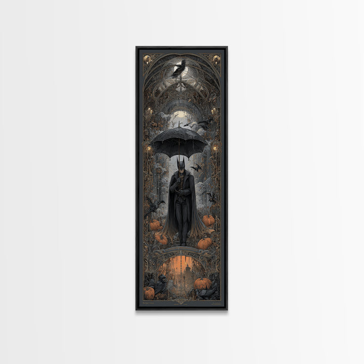 The Bat Umbrella Salesman, Tall Narrow Wall Art, Dark Halloween Decor, Canvas Print, Halloween Wall Decor, Gothic Home Decor
