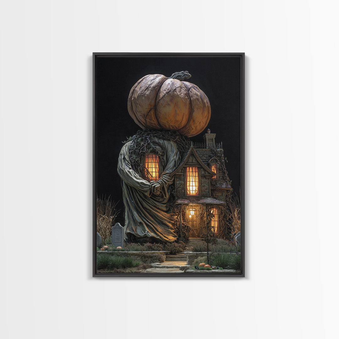 The Pumpkin-House Neighborhood, Vertical Wall Art, Macabre Wall Art, Framed Canvas Print, Halloween Wall Decor, Gothic Home Decor