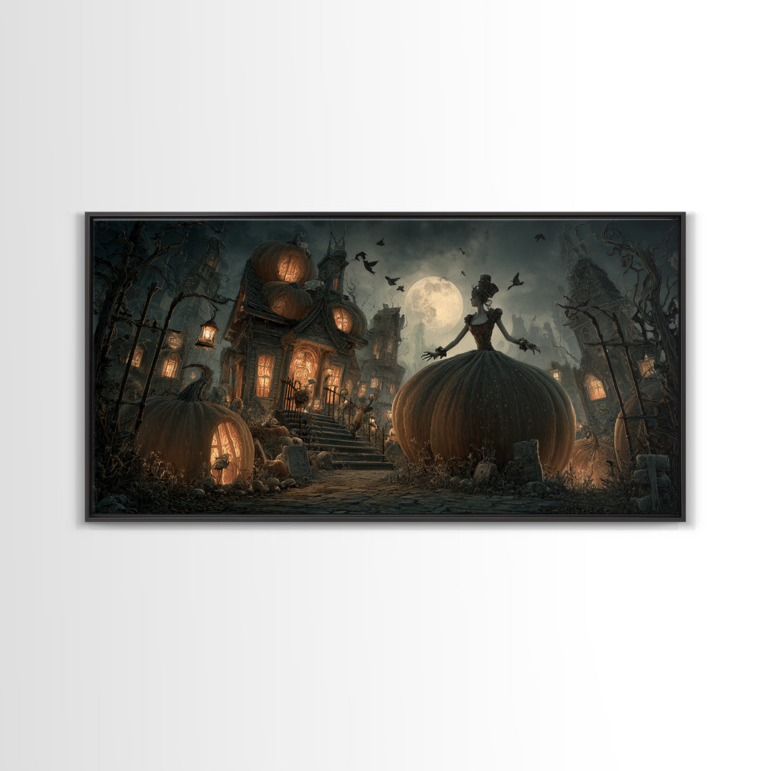 The Pumpkin-House Neighborhood, Wide Panoramic Art, Gothic Horror Wall Art, Framed Canvas Print, Halloween Wall Decor, Gothic Home Decor