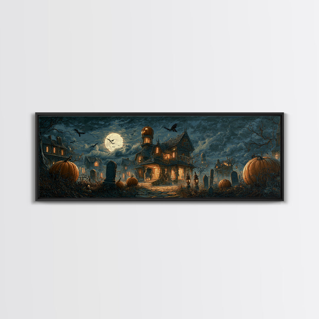The Pumpkin-House Neighborhood, Extra Wide Wall Art, Spooky Home Decor, Canvas Print, Halloween Wall Decor, Gothic Home Decor