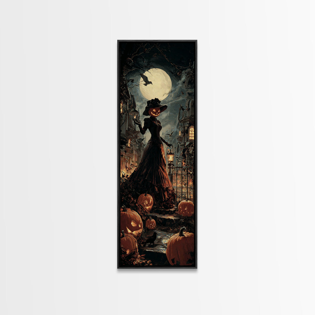 The Pumpkin-House Neighborhood, Tall Narrow Wall Art, Macabre Wall Art, Framed Canvas Print, Halloween Wall Decor, Gothic Home Decor