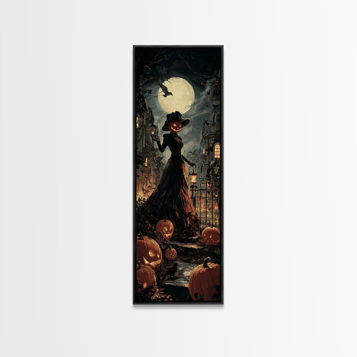The Pumpkin-House Neighborhood, Tall Narrow Wall Art, Macabre Wall Art, Framed Canvas Print, Halloween Wall Decor, Gothic Home Decor
