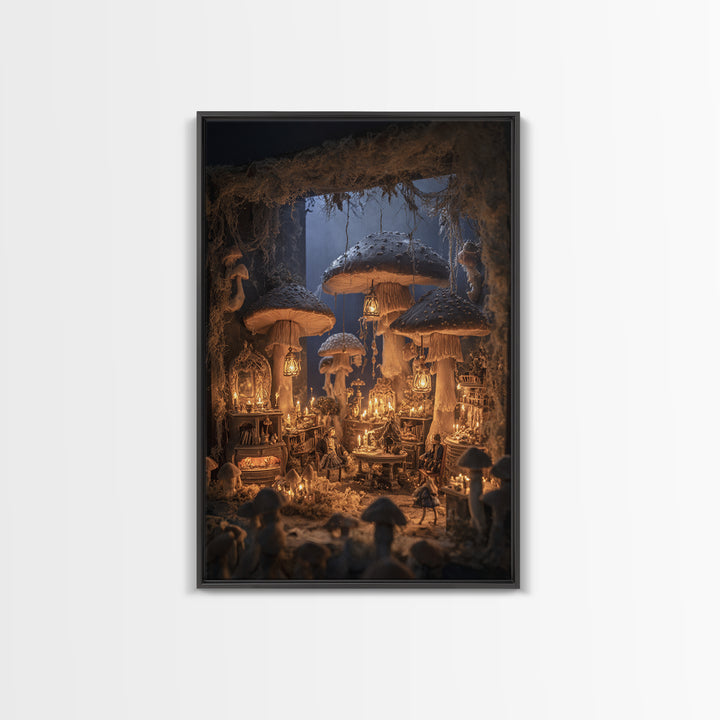 The Moonlit Mushroom Village, Vertical Wall Art, Dark Halloween Decor, Canvas Print, Halloween Wall Decor, Gothic Home Decor