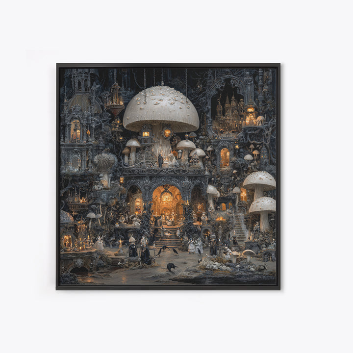 The Moonlit Mushroom Village, Square Wall Art, Dark Halloween Decor, Canvas Print, Halloween Wall Decor, Gothic Home Decor