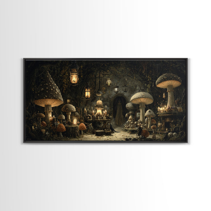 The Moonlit Mushroom Village, Wide Panoramic Art, Macabre Wall Art, Framed Canvas Print, Halloween Wall Decor, Gothic Home Decor