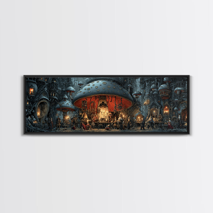 The Moonlit Mushroom Village, Extra Wide Wall Art, Gothic Horror Wall Art, Framed Canvas Print, Halloween Wall Decor, Gothic Home Decor