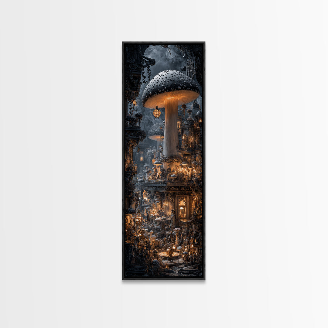 The Moonlit Mushroom Village, Tall Narrow Wall Art, Spooky Home Decor, Canvas Print, Halloween Wall Decor, Gothic Home Decor
