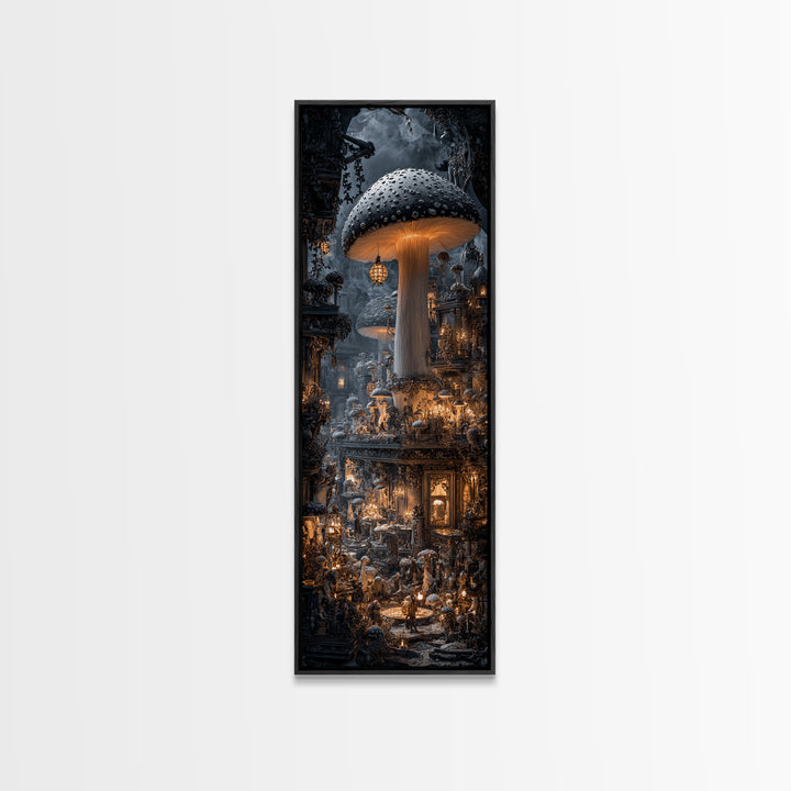 The Moonlit Mushroom Village, Tall Narrow Wall Art, Spooky Home Decor, Canvas Print, Halloween Wall Decor, Gothic Home Decor