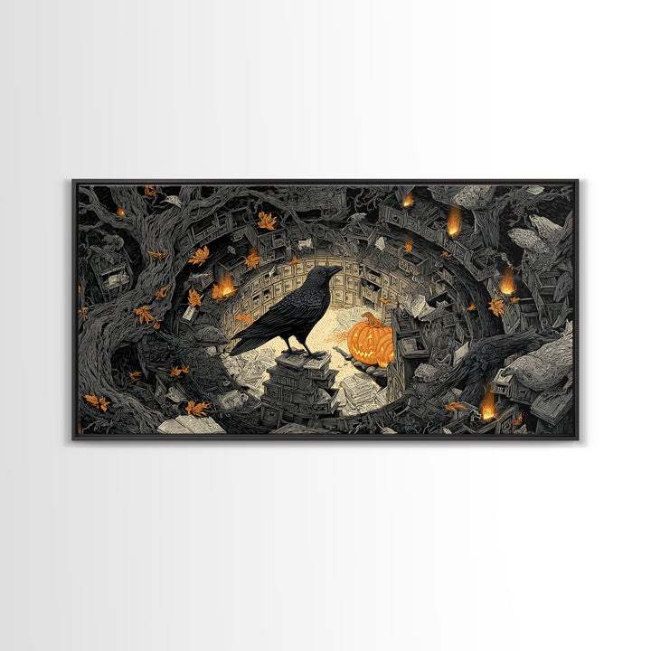 The Raven Post Office, Wide Panoramic Art, Spooky Home Decor, Canvas Print, Halloween Wall Decor, Gothic Home Decor, Halloween Wall Art