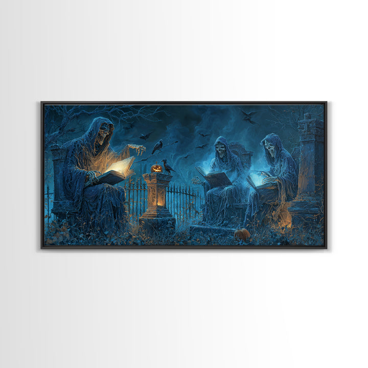 The Graveyard Book Club, Wide Panoramic Art, Macabre Wall Art, Framed Canvas Print, Halloween Wall Decor, Gothic Home Decor, Horror Wall Art