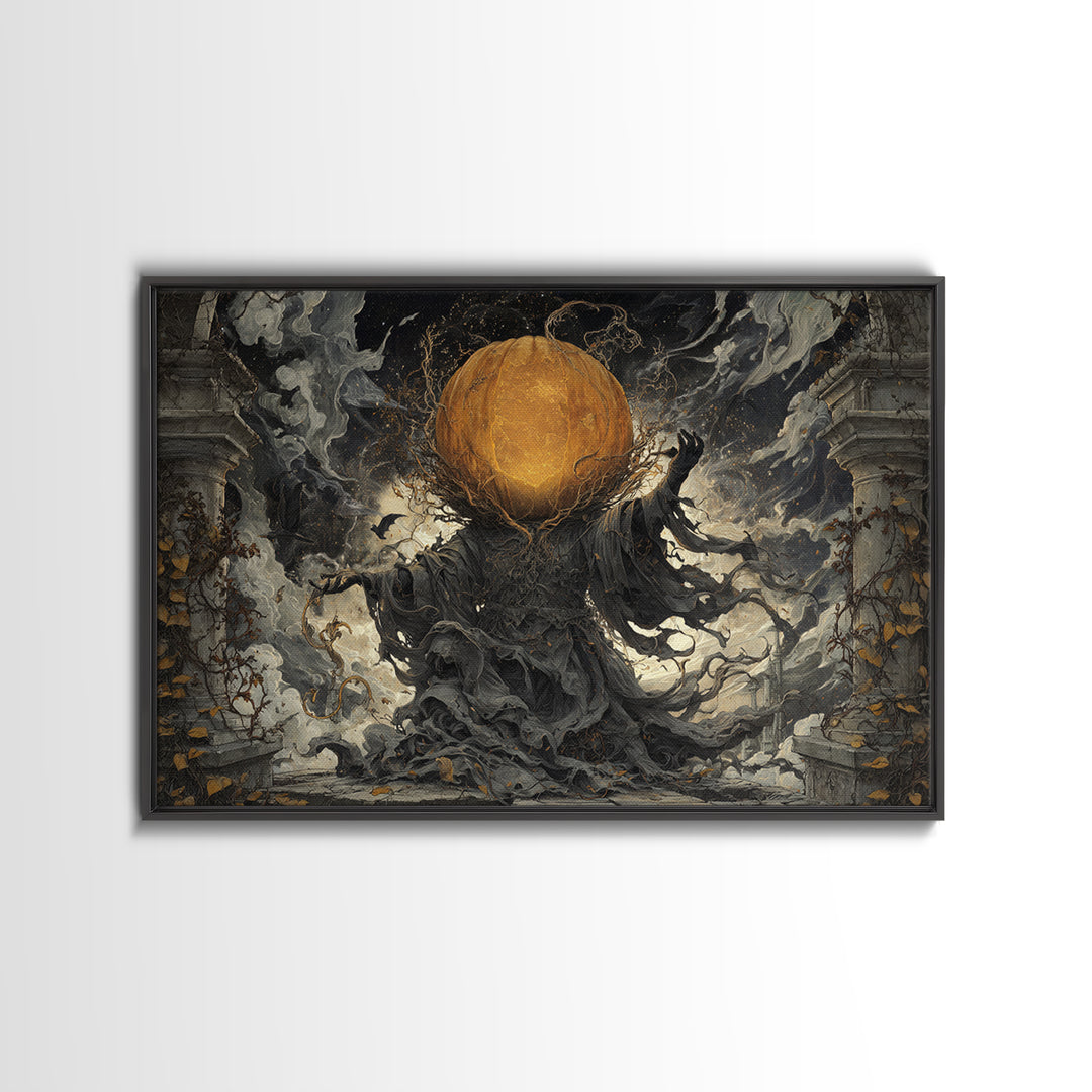 The Cosmic Pumpkin God, Landscape Wall Art, Haunted Gothic Art, Framed Canvas Print, Halloween Wall Decor, Gothic Home Decor