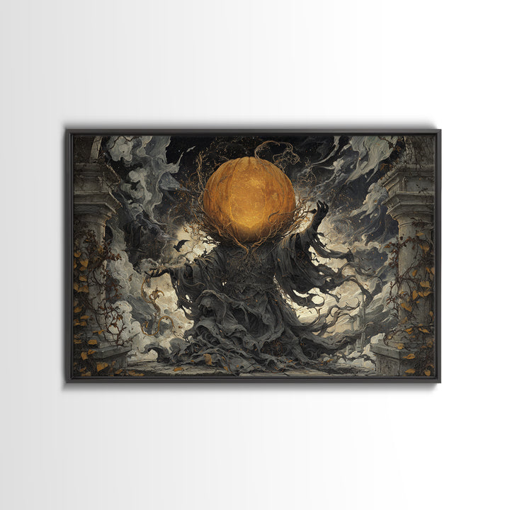 The Cosmic Pumpkin God, Landscape Wall Art, Haunted Gothic Art, Framed Canvas Print, Halloween Wall Decor, Gothic Home Decor