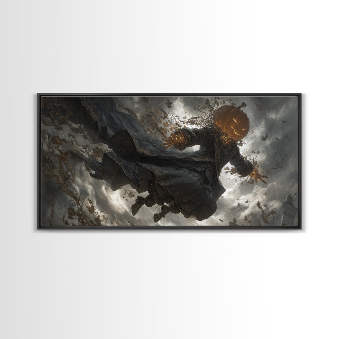 The Cosmic Pumpkin God, Wide Panoramic Art, Macabre Wall Art, Framed Canvas Print, Halloween Wall Decor, Gothic Home Decor, Dark Fantasy Art