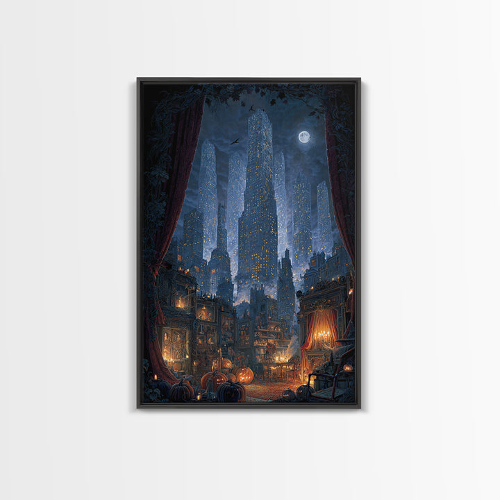 The Haunted City Skyline, Vertical Wall Art, Haunted Gothic Art, Framed Canvas Print, Halloween Wall Decor, Gothic Home Decor