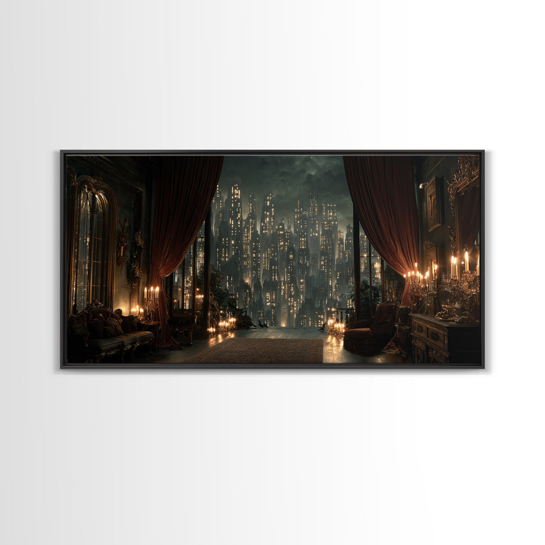 The Haunted City Skyline, Wide Panoramic Art, Dark Fantasy Wall Art, Canvas Print, Halloween Wall Decor, Gothic Home Decor