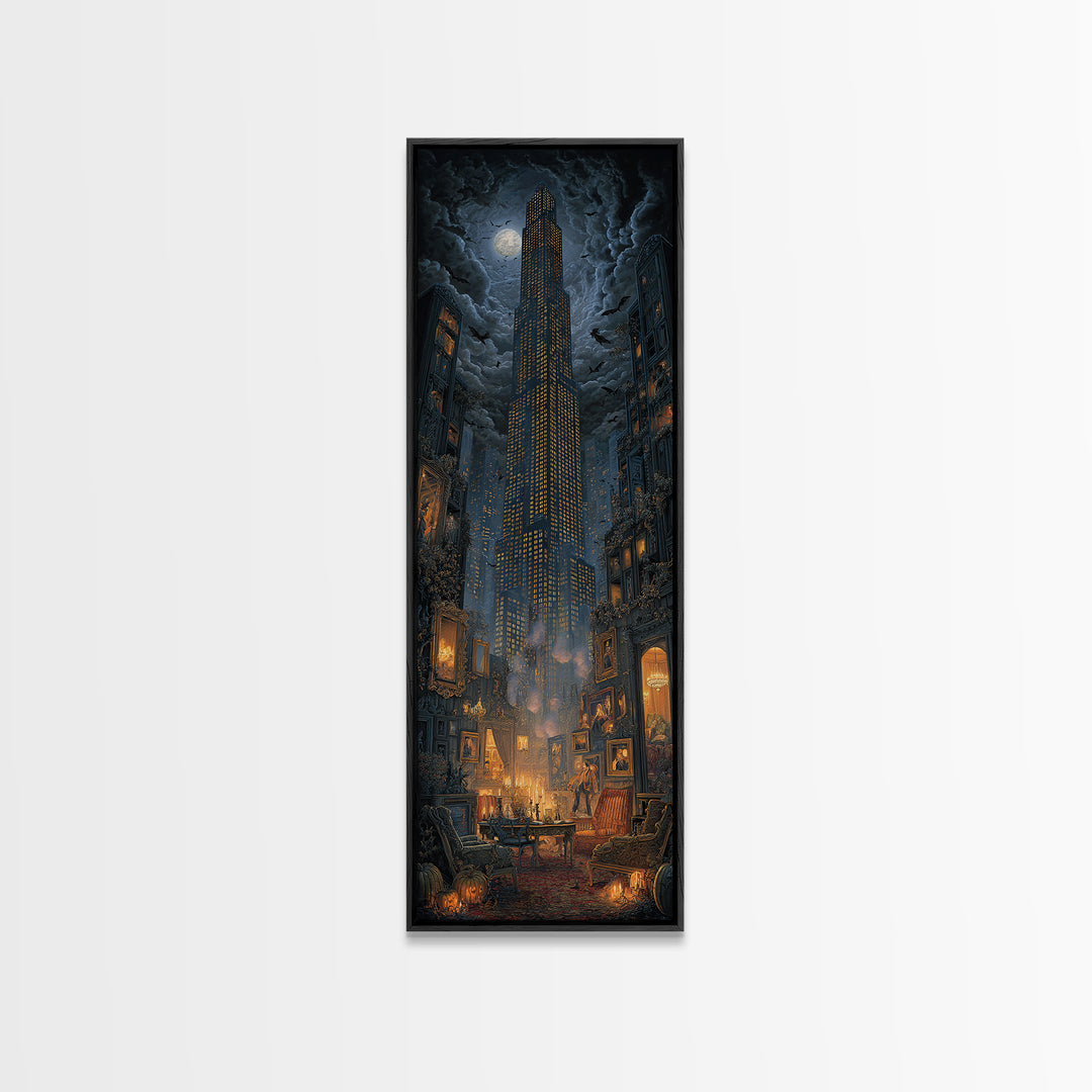 The Haunted City Skyline, Tall Narrow Wall Art, Haunted Gothic Art, Framed Canvas Print, Halloween Wall Decor, Gothic Home Decor