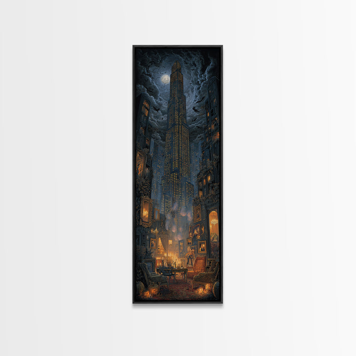 The Haunted City Skyline, Tall Narrow Wall Art, Haunted Gothic Art, Framed Canvas Print, Halloween Wall Decor, Gothic Home Decor