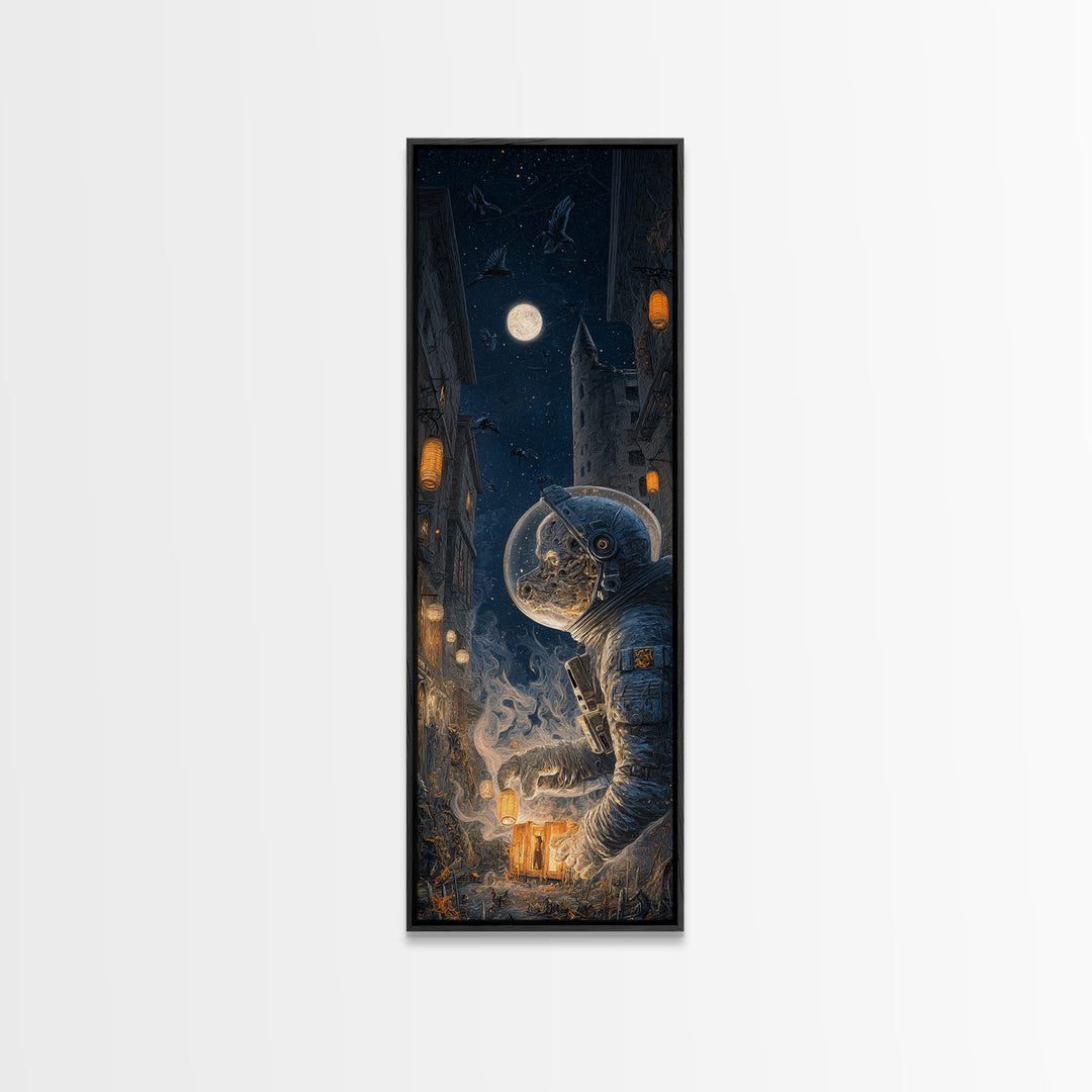 The Astronaut Ghost, Tall Narrow Wall Art, Macabre Wall Art, Framed Canvas Print, Halloween Wall Decor, Gothic Home Decor