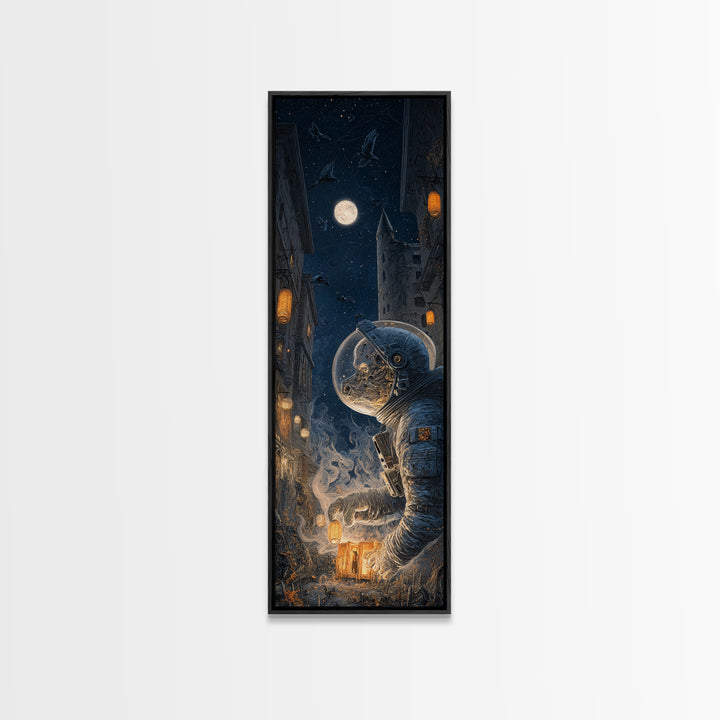 The Astronaut Ghost, Tall Narrow Wall Art, Macabre Wall Art, Framed Canvas Print, Halloween Wall Decor, Gothic Home Decor