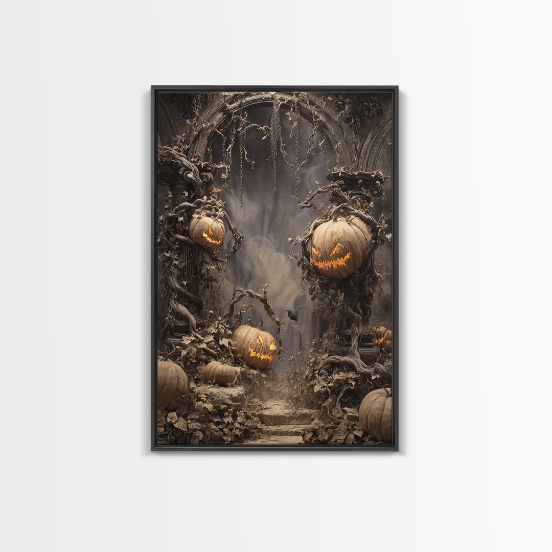 The Alien Pumpkin Patch, Vertical Wall Art, Haunted Gothic Art, Framed Canvas Print, Halloween Wall Decor, Gothic Home Decor