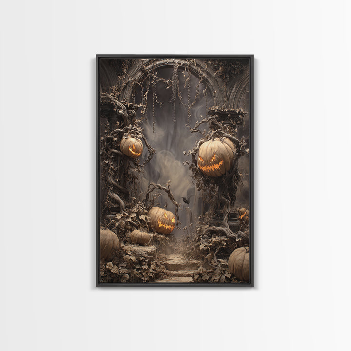 The Alien Pumpkin Patch, Vertical Wall Art, Haunted Gothic Art, Framed Canvas Print, Halloween Wall Decor, Gothic Home Decor