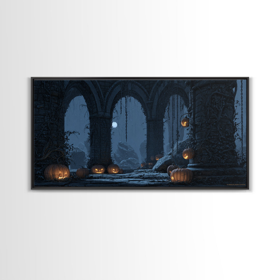 The Alien Pumpkin Patch, Wide Panoramic Art, Gothic Horror Wall Art, Framed Canvas Print, Halloween Wall Decor, Gothic Home Decor