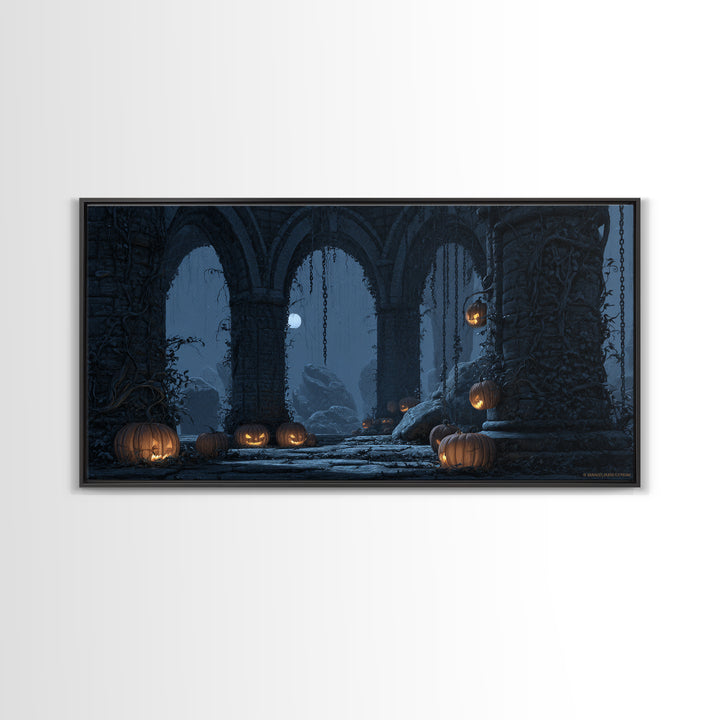 The Alien Pumpkin Patch, Wide Panoramic Art, Gothic Horror Wall Art, Framed Canvas Print, Halloween Wall Decor, Gothic Home Decor