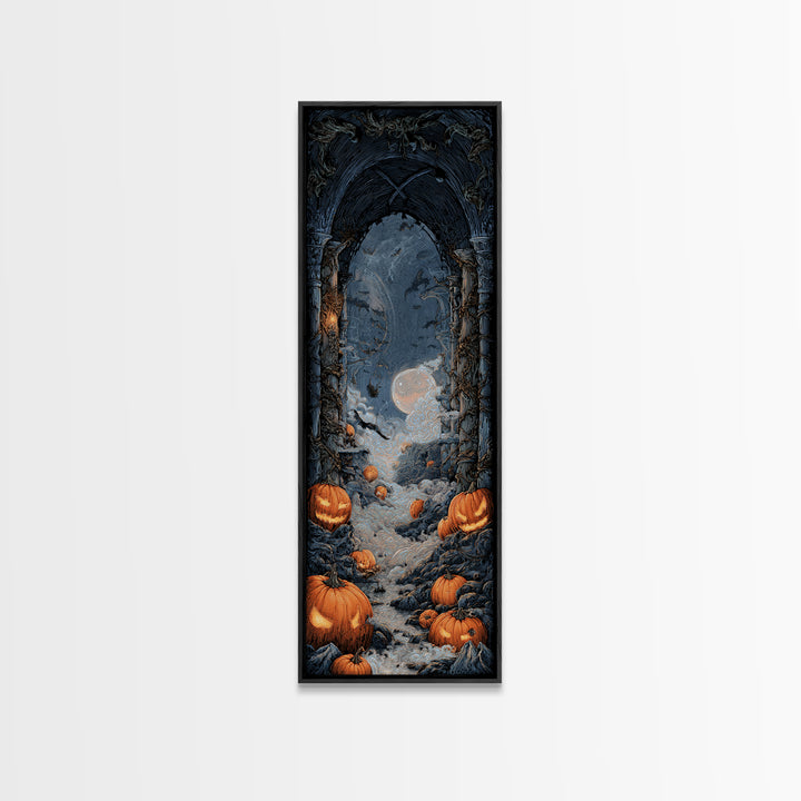 The Alien Pumpkin Patch, Tall Narrow Wall Art, Haunted Gothic Art, Framed Canvas Print, Halloween Wall Decor, Gothic Home Decor