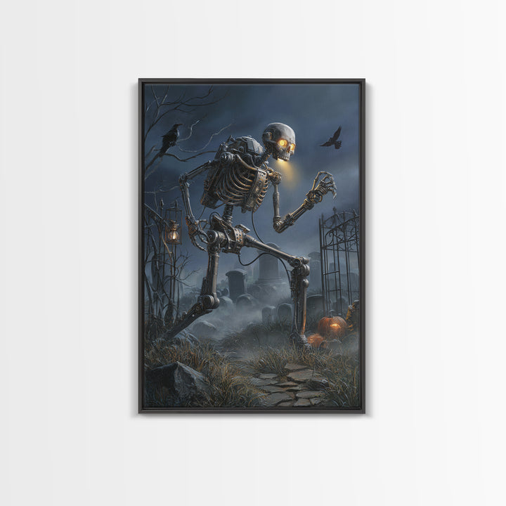 The Biomechanical Skeleton, Vertical Wall Art, Macabre Wall Art, Framed Canvas Print, Halloween Wall Decor, Gothic Home Decor