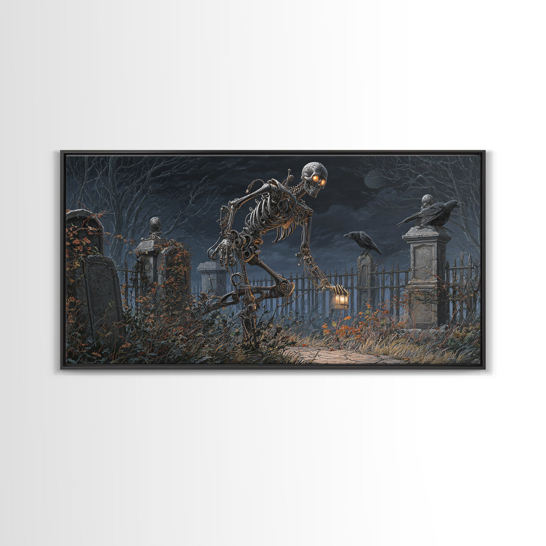 The Biomechanical Skeleton, Wide Panoramic Art, Gothic Horror Wall Art, Framed Canvas Print, Halloween Wall Decor, Gothic Home Decor