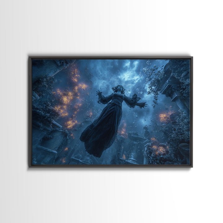 The Underwater Graveyard, Landscape Wall Art, Gothic Horror Wall Art, Framed Canvas Print, Halloween Wall Decor, Gothic Home Decor